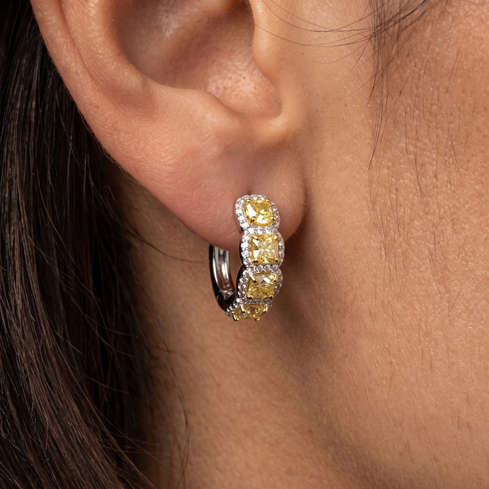 Cushion Cut 18K Yellow Diamond Huggie Hoop Earrings