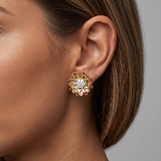 Brilliant Cut Diamond Flower Stud Earrings in 14K Yellow Gold
