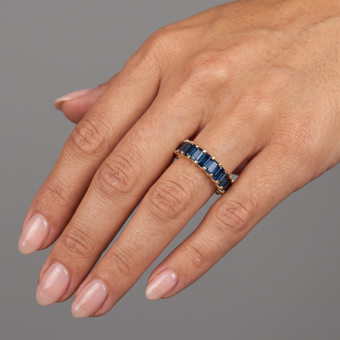 Emerald-Cut Royal Blue Sapphire Eternity Ring in 14K Yellow Gold