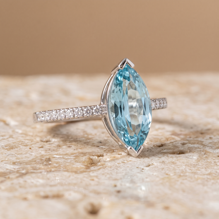 Marquise Aquamarine 14K (18K Custom) Diamond Accent Ring