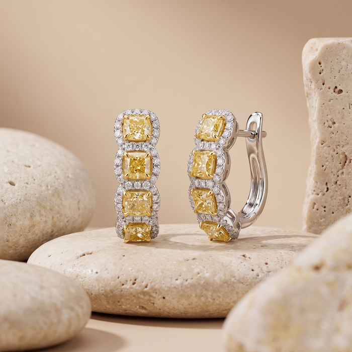 Cushion Cut 18K Yellow Diamond Huggie Hoop Earrings