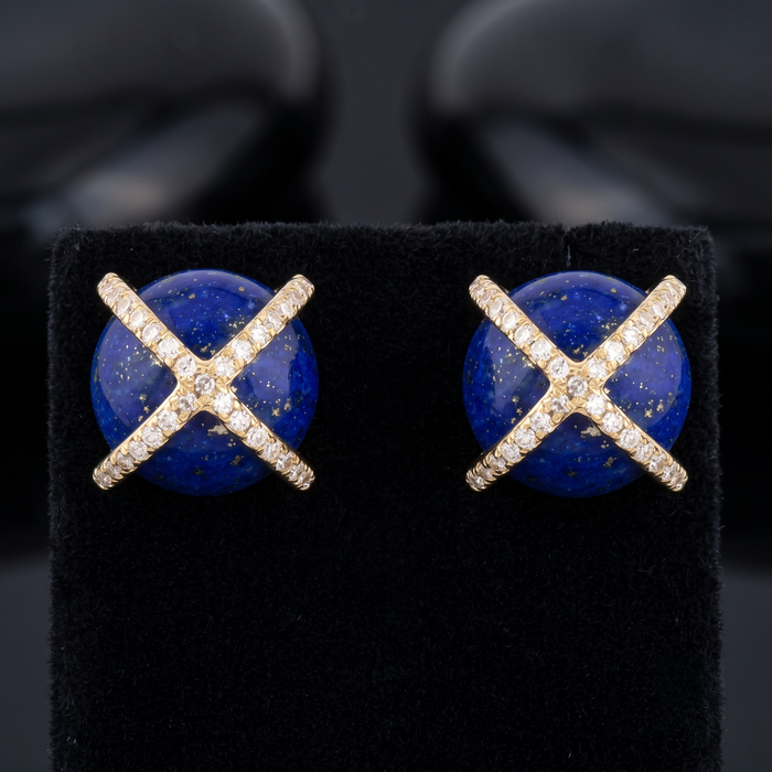 Charm Lapis Pearl Diamond Stud Earrings in 14K Yellow Gold
