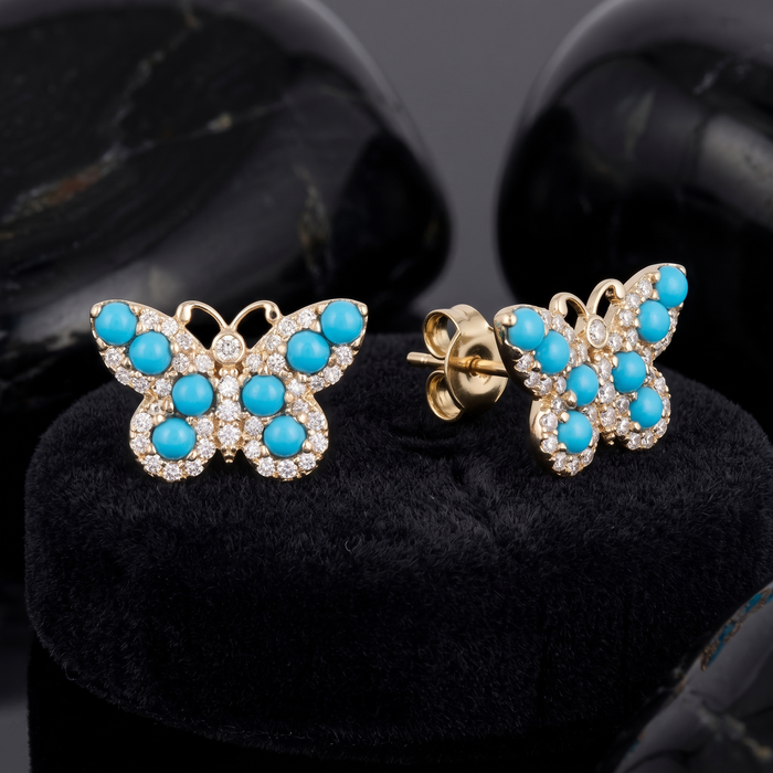 Turquoise Butterfly Diamond Accents Stud Earrings in 14K Yellow Gold
