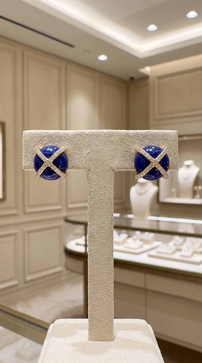 Charm Lapis Pearl Diamond Stud Earrings in 14K Yellow Gold