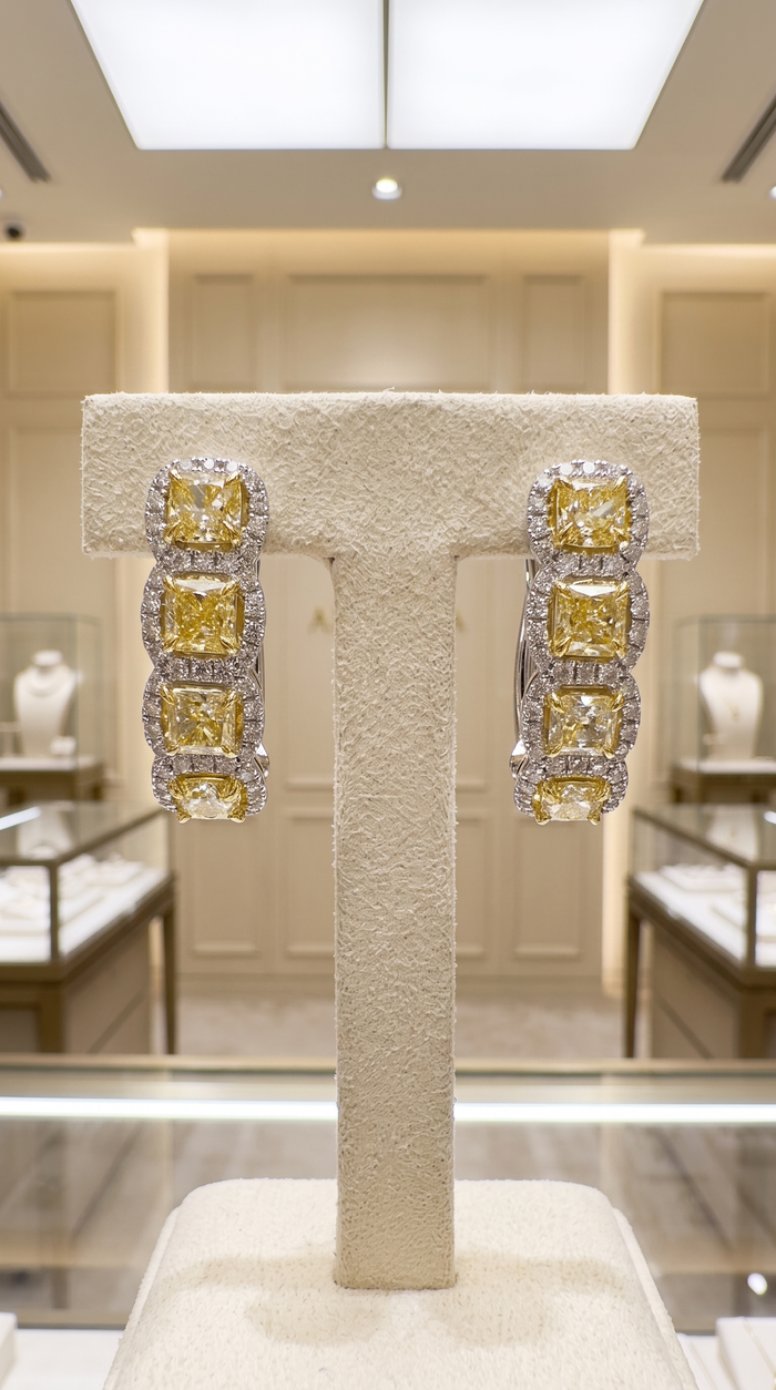 Cushion Cut 18K Yellow Diamond Huggie Hoop Earrings