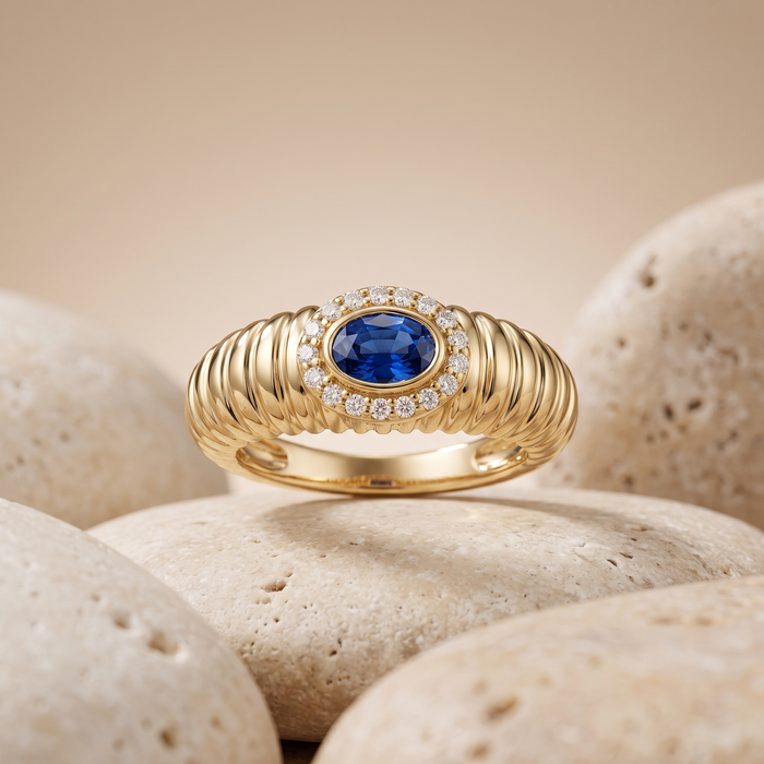 Deep Oval-Cut Blue Sapphire 14K Diamond Halo Ring