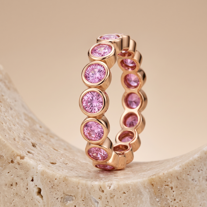 Elegant Round Pink Sapphire 14K Gold Eternity Ring
