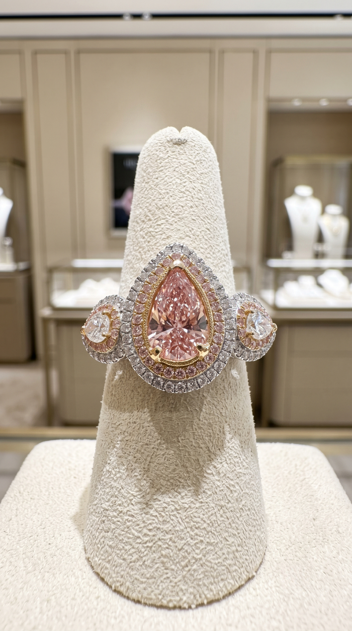 Pink Pear Shaped Halo Diamond Engagement Ring in 18K Gold