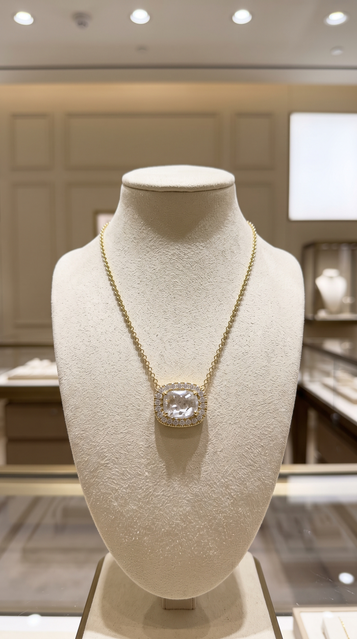 Cushion Cut Diamond Halo Pendant Necklace in 14K Gold