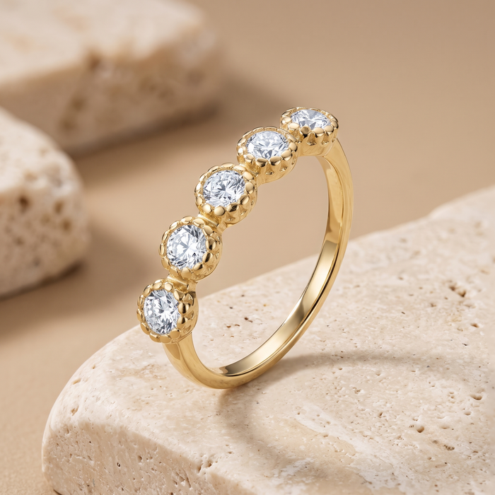 Round Diamond Pave Set Beaded Ring in 14K Yellow Gold