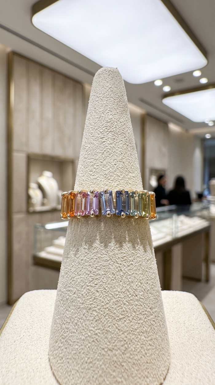 Colorful Baguette Sapphire 14K Gold Statement Ring