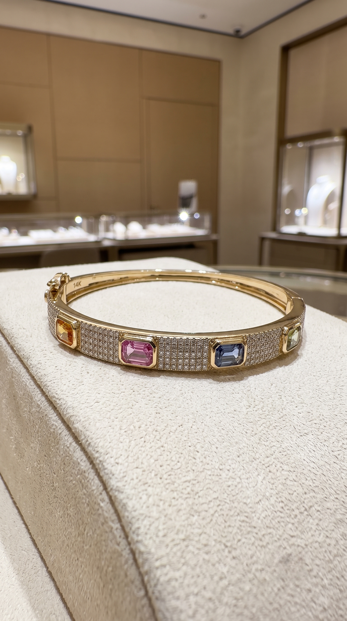 Elegant Multi-Gemstone 14K Yellow Gold Diamond Bracelet