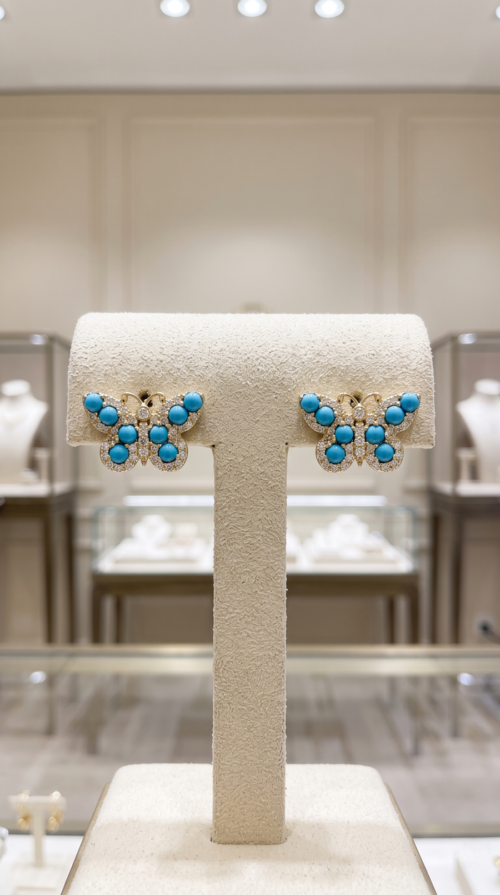 Turquoise Butterfly Diamond Accents Stud Earrings in 14K Yellow Gold