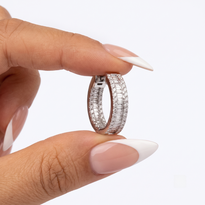 Pave Baguette Diamond Huggie Hoop Earrings in 14K White Gold