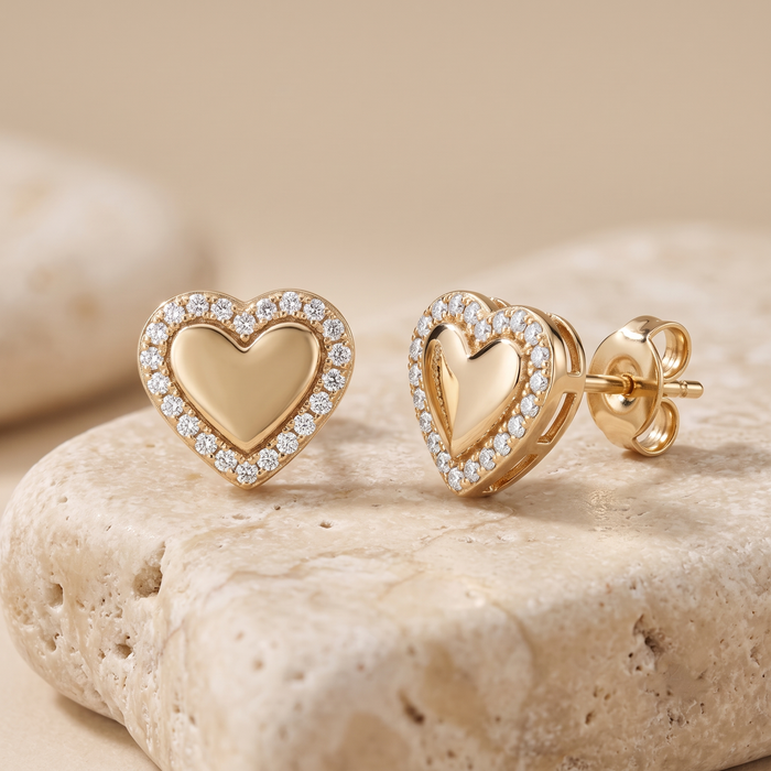 Classic Heart Diamond Stud Earrings in 14K Yellow Gold