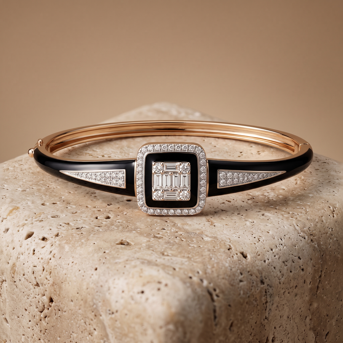 Black Enamel Emerald Cut Diamond Bracelet in 14K Gold