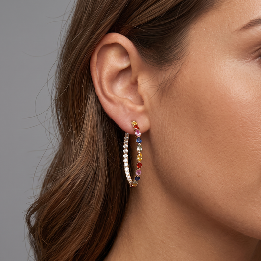 Sapphire Love Hoops Diamond Earrings in 14K Yellow Gold