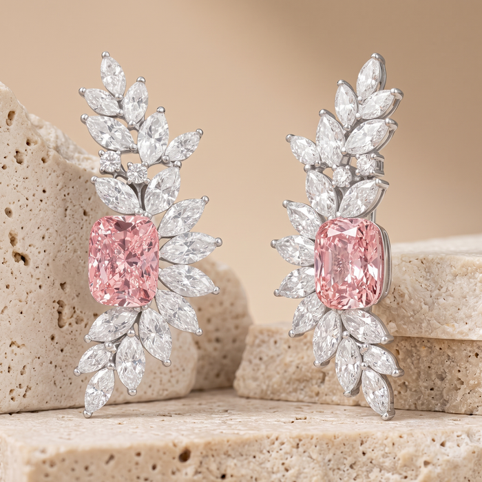 Pink Diamond 14K Gold Leaf Drop Earrings