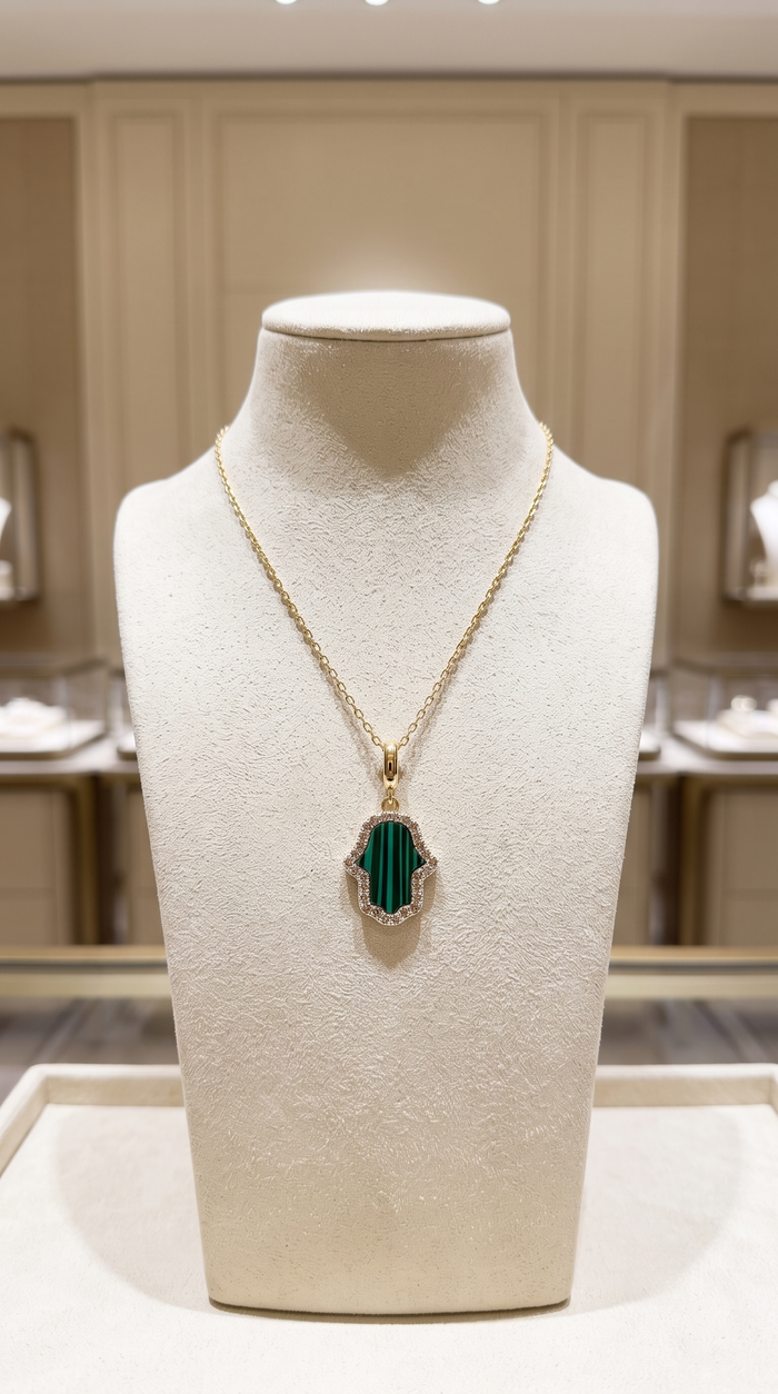 Malachite Hamsa Pendant Diamond Necklace in 14K Yellow Gold