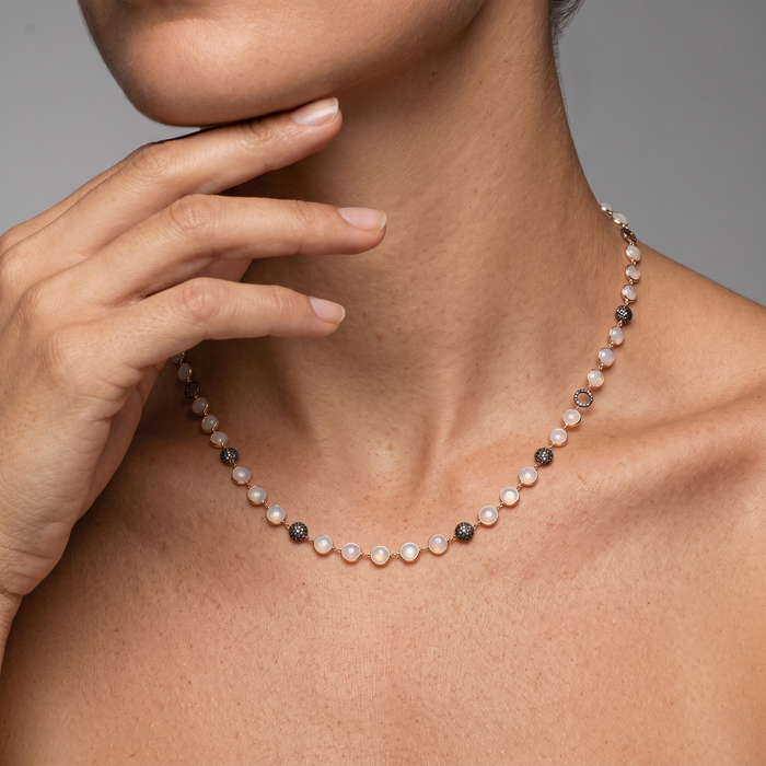 Black Diamond Pearl Station Necklace in 14K Yellow Gold