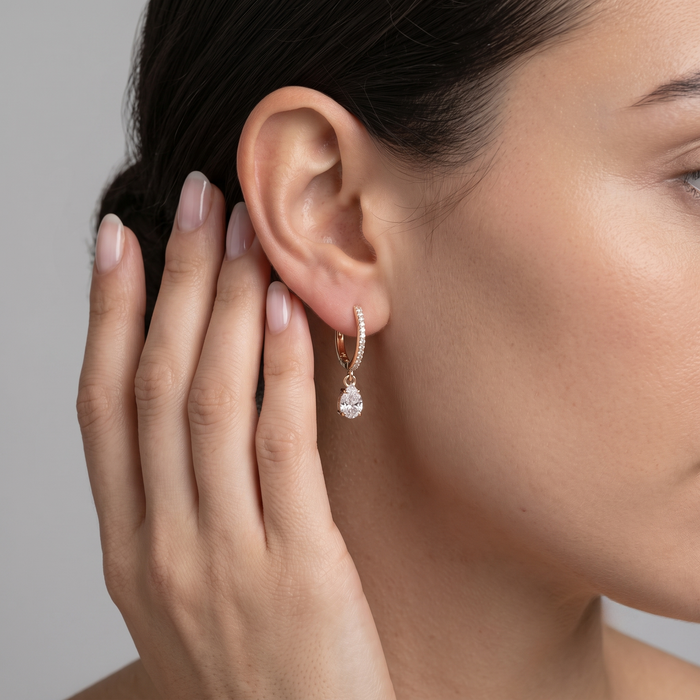 Pave Teardrop Dangle Hoop Earrings in 14K Yellow Gold