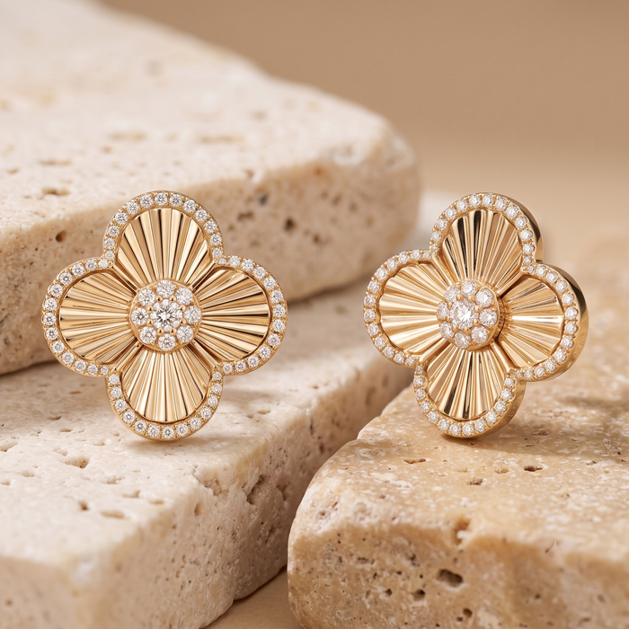 Sleek Lined Flower Diamond Stud Earrings in 14K Yellow Gold