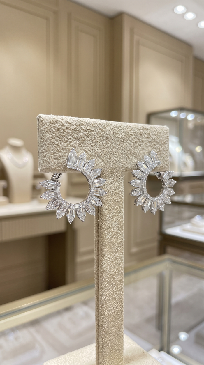 Sunburst Baguette Marquise Diamond Earrings in 14K White Gold
