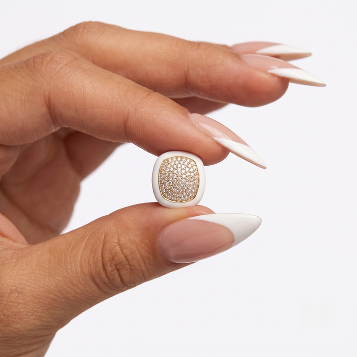 White Enamel Cushion Diamond Pave Stud Earrings in 14K Yellow Gold