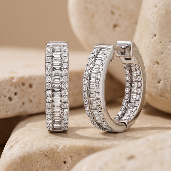 Pave Baguette Diamond Huggie Hoop Earrings in 14K White Gold