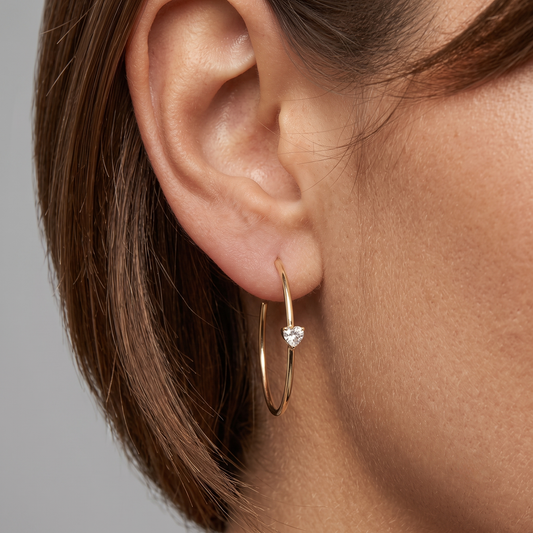 Open Heart Solitaire Hoop Earrings in 14K Gold