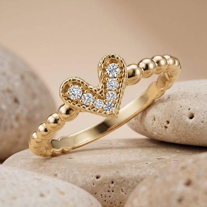 Round Diamond Heart Beaded Ring in 14K Gold