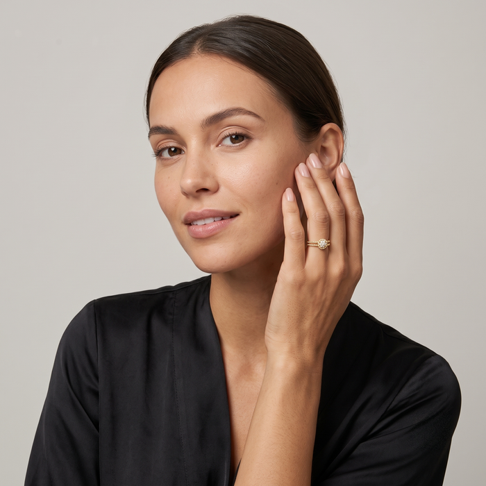 Round Diamond Pave Set Cluster Beaded Ring in 14K Gold