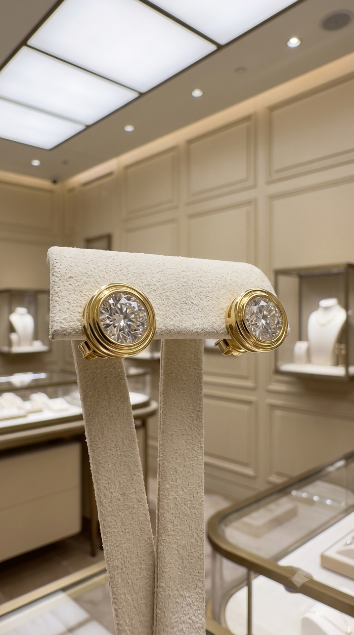 Round Brilliant Bezel Set 18K Yellow Gold Stud Earrings