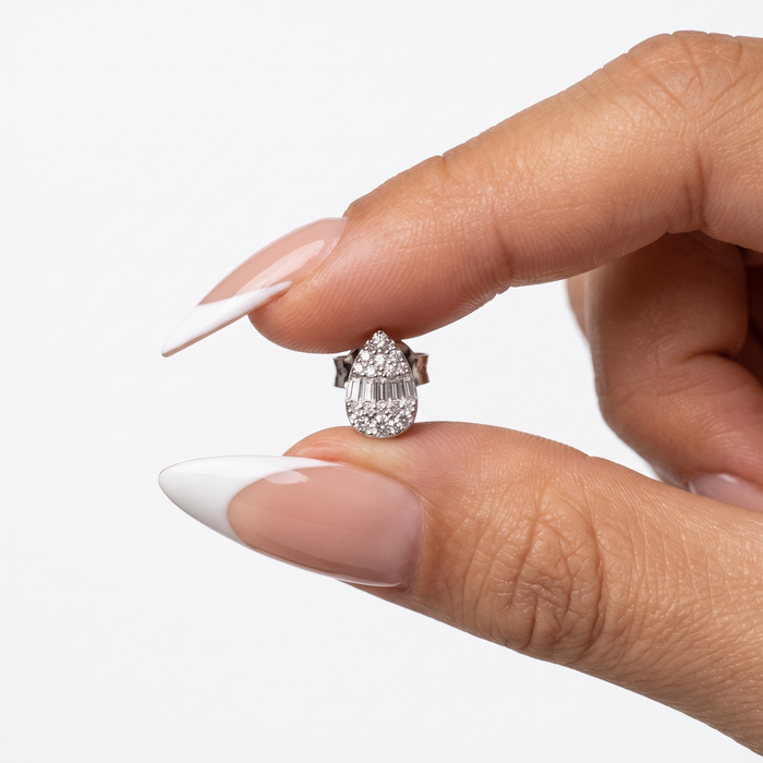 Round Diamond Pear Shape Stud Earrings in 14K White Gold
