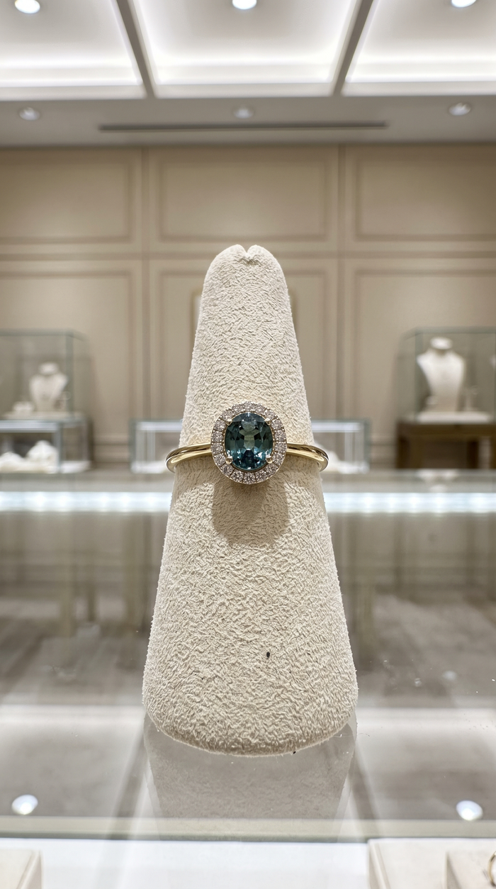 Oval Blue Sapphire Diamond Halo 14K Gold Ring