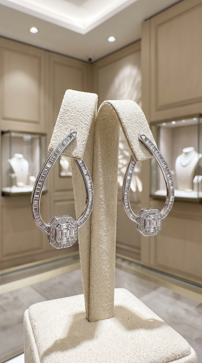 Octagon Teardrop Diamond Hoop Earrings in 18K Yellow Gold