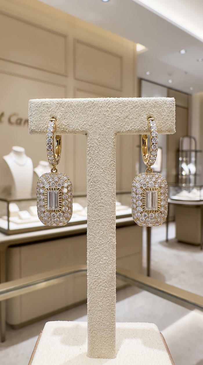 Baguette Round Cut Rectangle Drop Earrings in 14K Gold