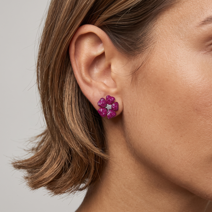 Diamonds Kissed Pink Blossom Stud Earrings in 14K Yellow Gold