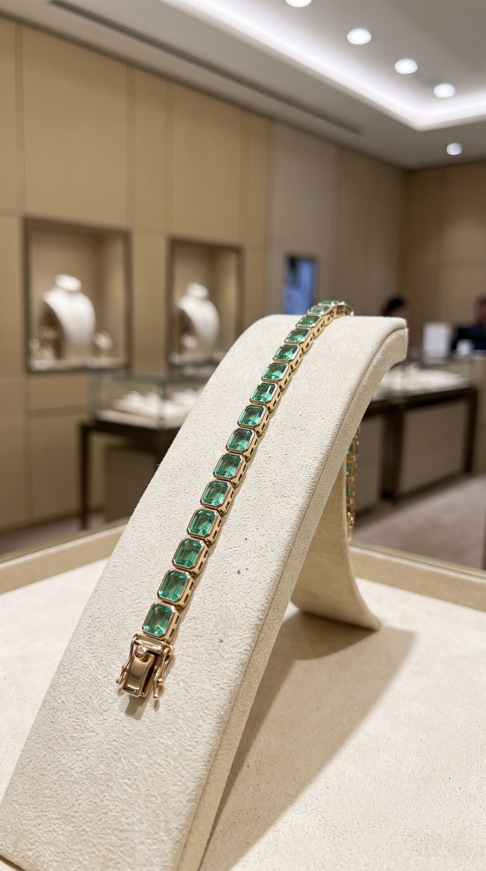 Emerald Cut 14K Yellow Gold Green Gemstone Tennis Bracelet