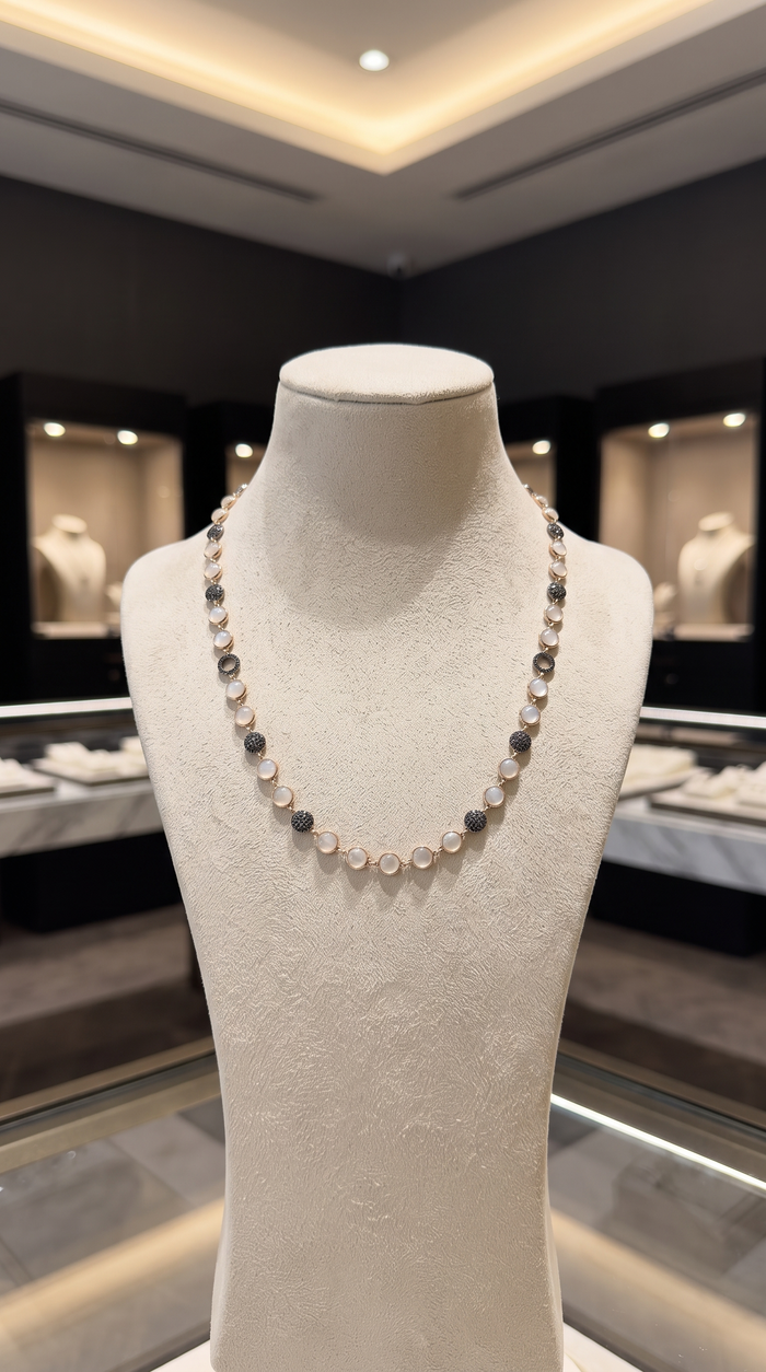 Black Diamond Pearl Station Necklace in 14K Yellow Gold