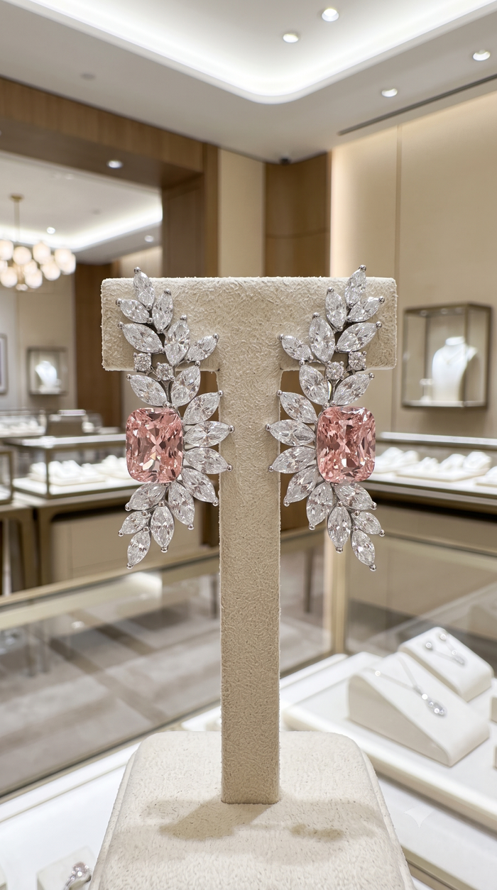 Pink Diamond 14K Gold Leaf Drop Earrings