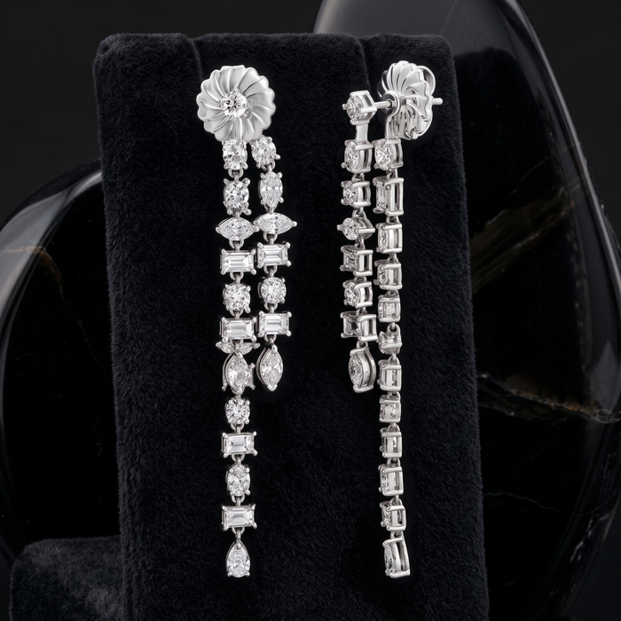 Multi Cut Diamond Drop Chandelier Earrings in 18K White Gold
