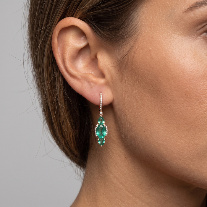 Triple Emerald Drop Huggie Earrings in 14K Yellow Gold