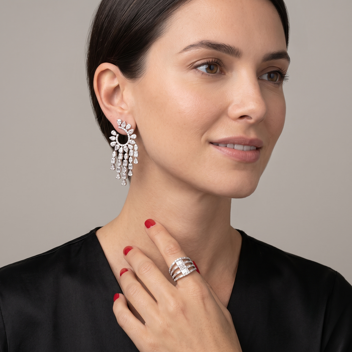 Chandelier Pear Marquise Diamond Statement Earrings in 18K White Gold