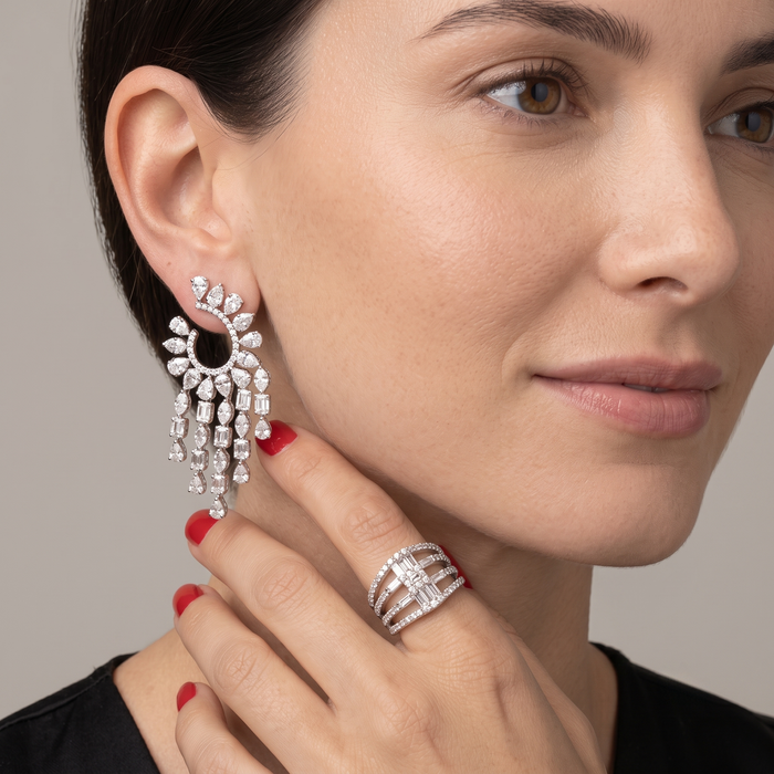 Chandelier Pear Marquise Diamond Statement Earrings in 18K White Gold