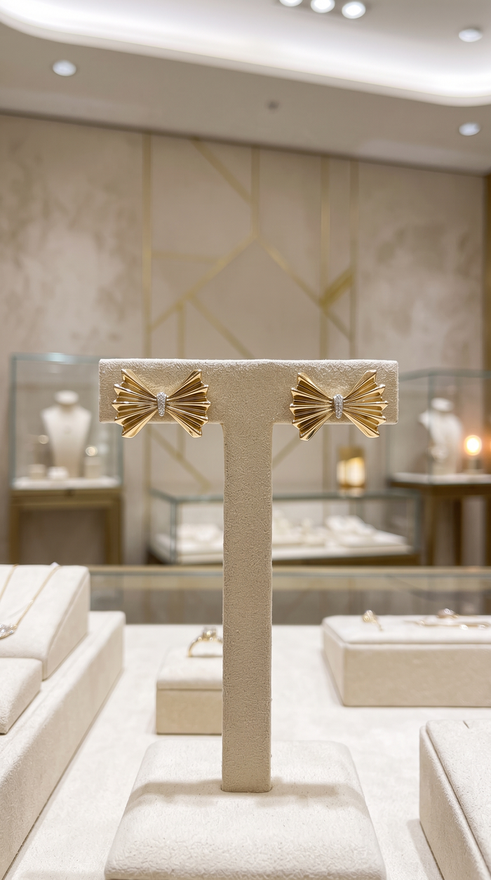 Diamond Fan Bow Stud Earrings in 14K Yellow Gold