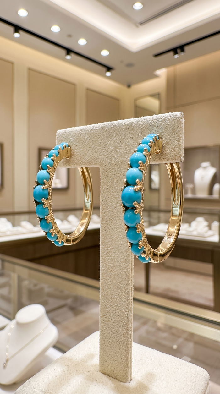 Turquoise Diamond Topaz Hoop Earrings in 14K Yellow Gold