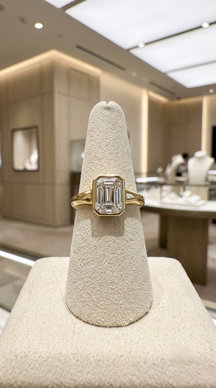 Emerald-Cut Bezel Set Diamond Ring in 14K Yellow Gold