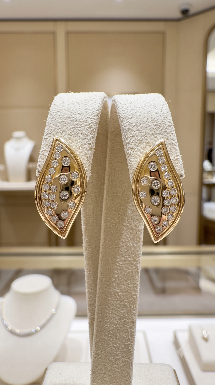 Leaf Shape Diamond Studs Earrings in 14K Yellow Gold