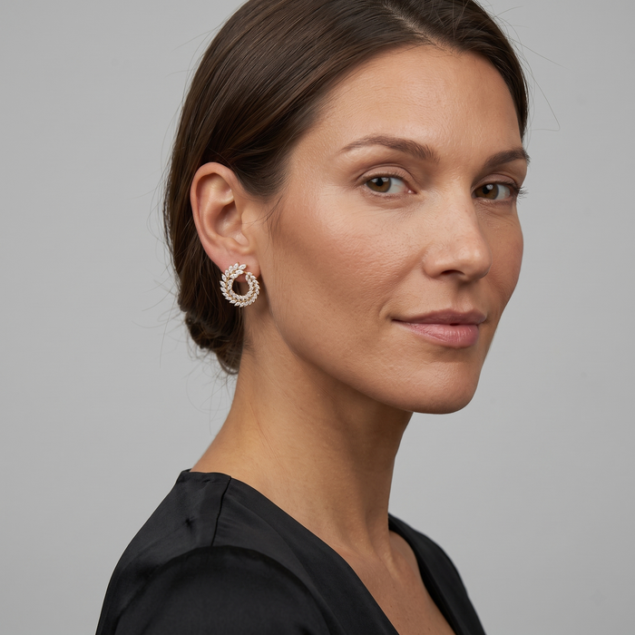 Round Leaf Shape Diamond Earrings in 18K Yellow Gold